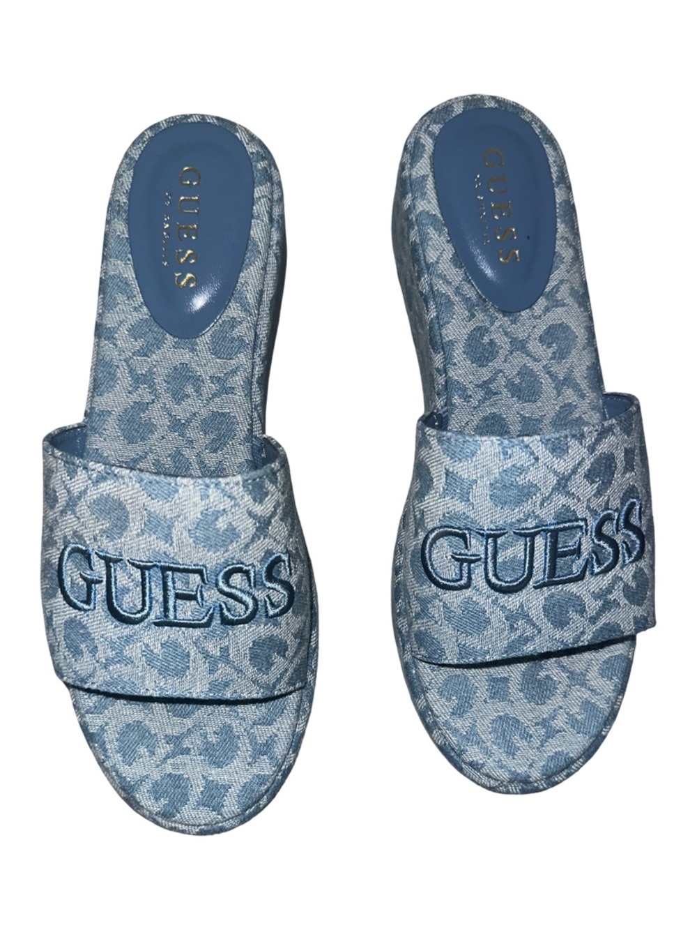 GUESS Denim Logo Slide Sandals in Light Blue